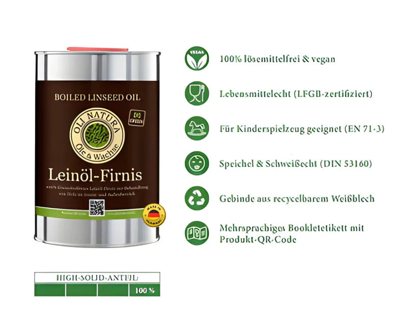 Oli-NATURA Leinöl-Firnis auf einem Massivholzbrett – ideale Pflege im Herbst