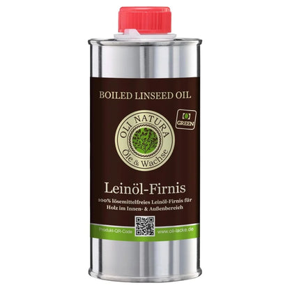 Metallbehälter mit gekochtem Leinöl, rotem Deckel für OLI-NATURA Leinöl-Firnis
