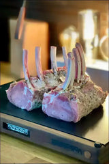 Roher Lammrücken mit freiliegenden Knochen auf dunkler Oberfläche für Holzbretter Gastronomie.