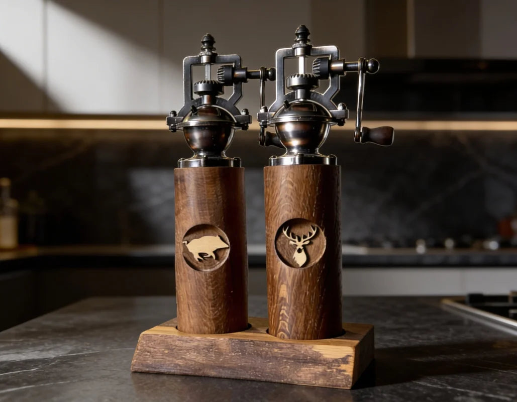 Salz & Pfeffermühle aus geräuchertem Eichen Holz mit Untersetzer und einstellbarem Keramikmahlwerk