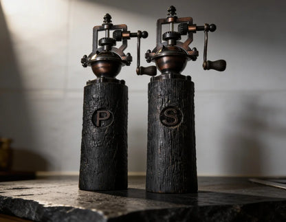 Salz & Pfeffermühle aus verbranntem Holz, mit einstellbarem Keramikmahlwerk