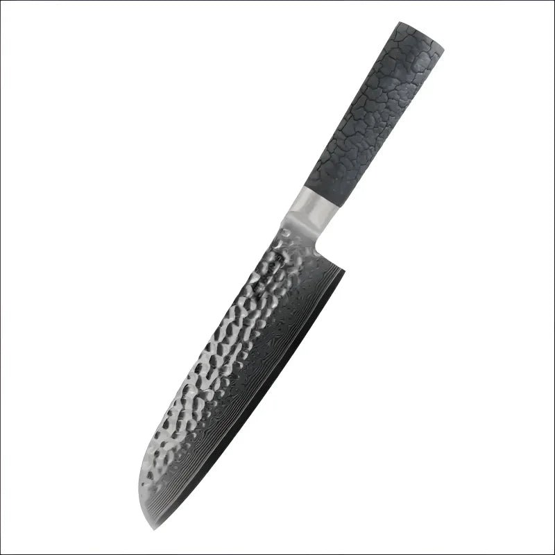 Damast Santokumesser Evolution – Allzweckmesser mit VG10-Kern und FlameWOOD Griff, freigestellt auf weißem Hintergrund