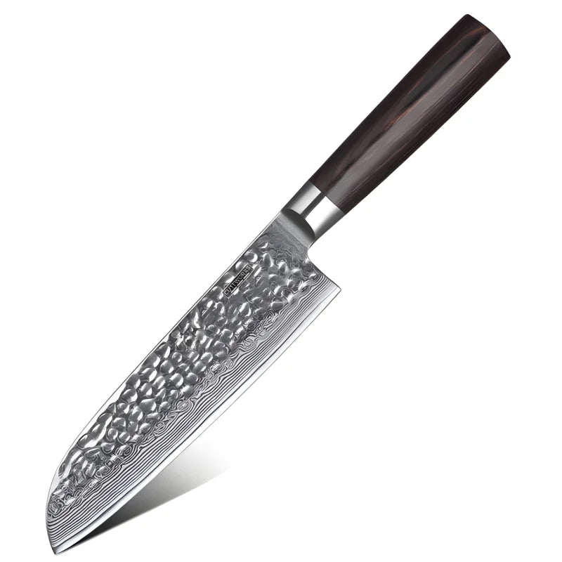 Chefbrett aus massiver Eiche mit Saftrille und Damast-Santokumesser mit Rosenholzgriff für vielseitige Schneidarbeiten