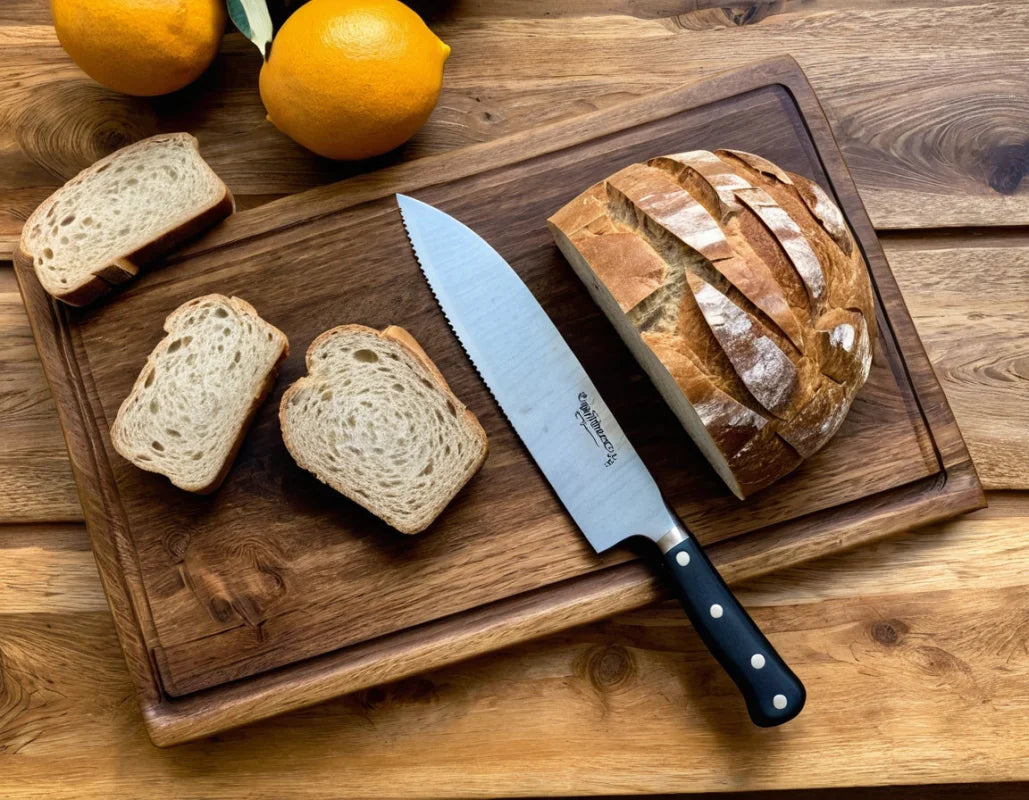 Schneidebrett Eiche 40x30 im Einsatz: Brot, Messer und Saftrille