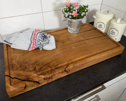 Schneidebrett Eiche 70×40×6 cm mit Saftrille, schweres Heavy Board für BBQ und Küche