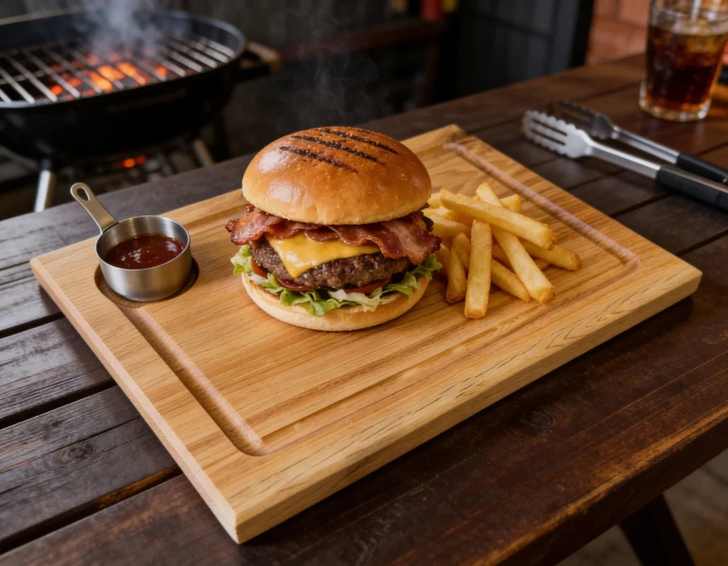Steak & Burger Brett 35x25cm aus Vollholz mit Saftrille und Rückseite zum Servieren