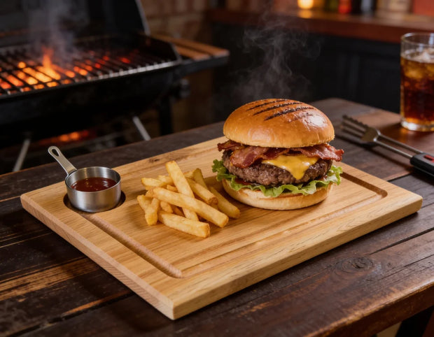 Steak & Burger Brett aus massiver Eiche 35x25cm mit Dip-Schale
