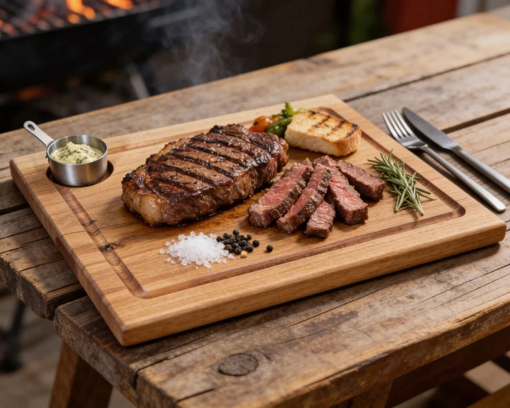 Steak & Burger Brett aus massiver Eiche 40x30cm mit Saftrille und Dip-Schale