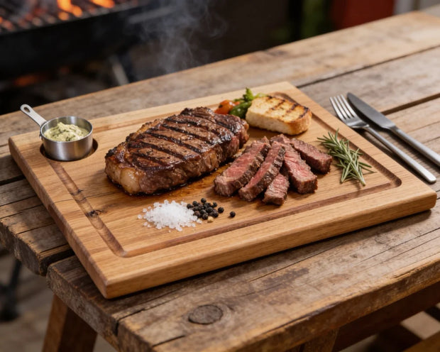Steak & Burger Brett aus massiver Eiche 40x30cm mit Saftrille und Dip-Schale