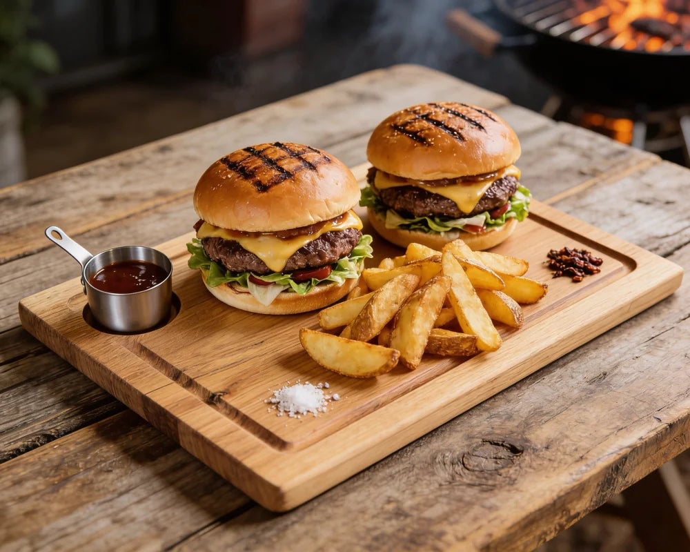 BBQ Brett aus Eiche Vollholz mit gegrilltem Steak, Dip und rustikaler Tischszene