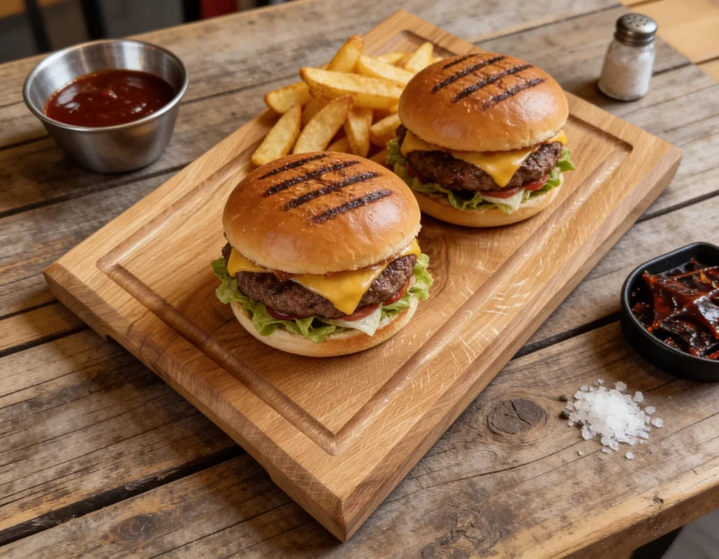 Burgerbrett aus Eiche 35x25cm mit Burger, Pommes, Saftrille und integrierter Dip-Schale