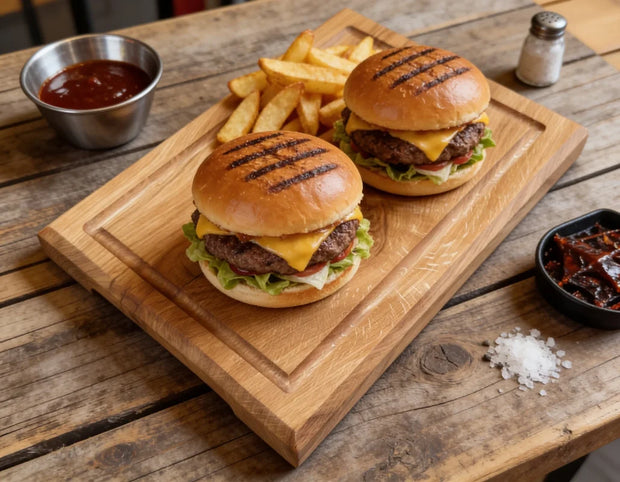 Burgerbrett aus Eiche 35x25cm mit Burger, Pommes, Saftrille und integrierter Dip-Schale