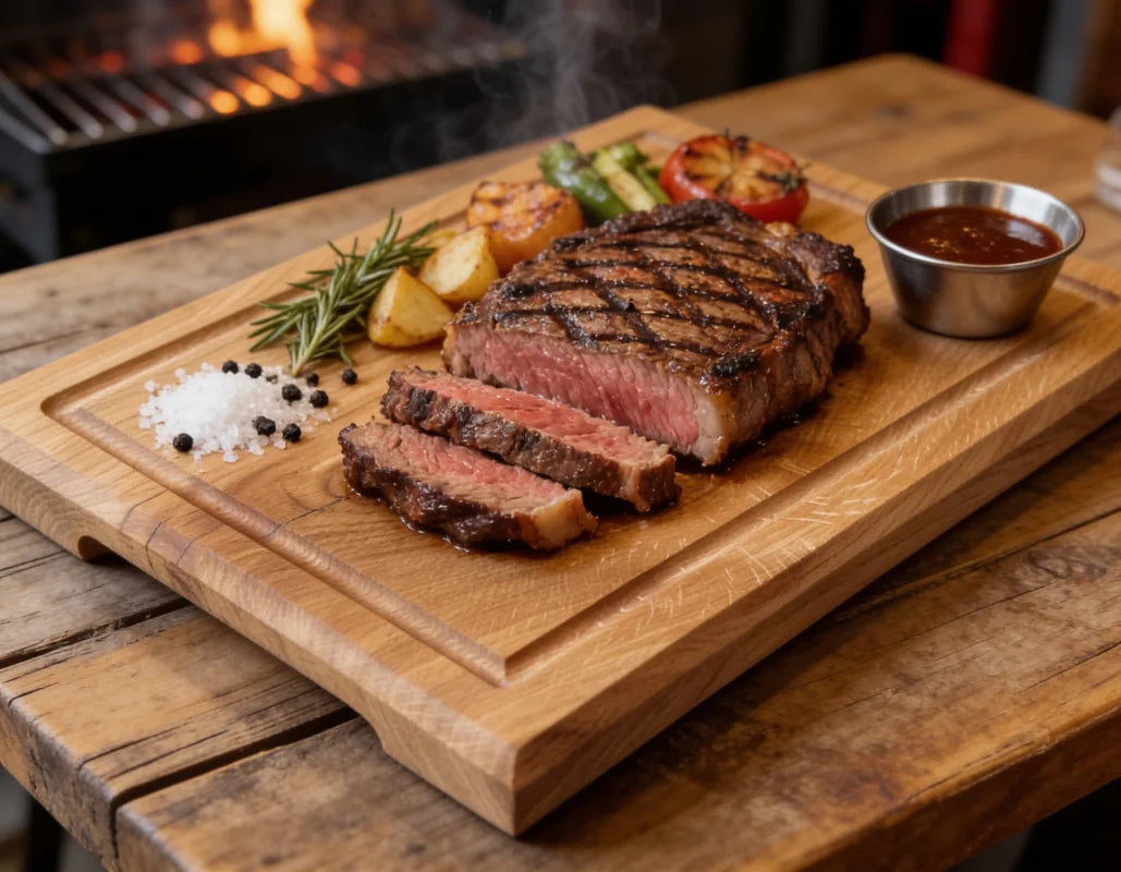 BBQ Steakbrett aus Eiche 35x25cm mit gegrilltem Steak, Saftrille und Edelstahl-Dip-Schale