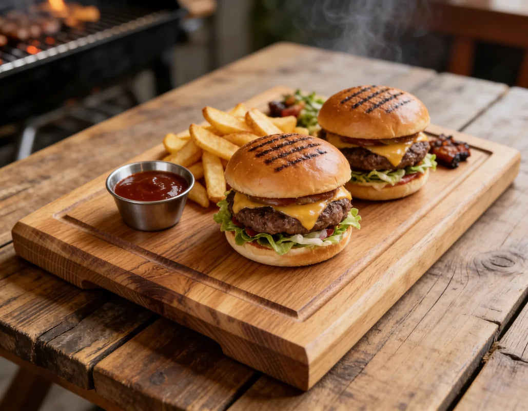 Großes Burgerbrett aus Eiche 40x30cm mit zwei Burgern, Pommes und Edelstahl-Dip-Schale