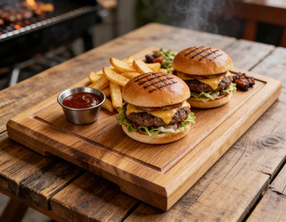 Großes Burgerbrett aus Eiche 40x30cm mit zwei Burgern, Pommes und Edelstahl-Dip-Schale